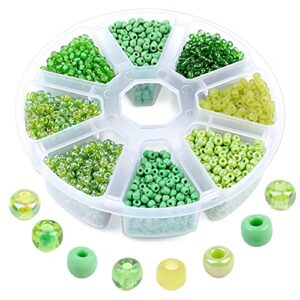 3600 pcs glass seed beads, 3mm 8/0 bracelet beads set, assorted glass beads with 8-grid plastic storage box, small round beads for jewelry making - green series