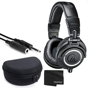 audio-technica ath-m50x closed-back professional monitor headphones - 90° swiveling earcups (black) + headphone case + 1/4 inch trs extension cable + cloth – deluxe headphone bundle