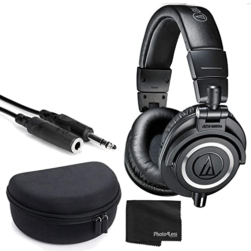 Audio-Technica ATH-M50x Closed-Back Professional Monitor Headphones - 90° Swiveling Earcups (Black) + Headphone Case + 1/4 inch TRS Extension Cable + Cloth – Deluxe Headphone Bundle