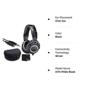 Audio-Technica ATH-M50x Closed-Back Professional Monitor Headphones - 90° Swiveling Earcups (Black) + Headphone Case + 1/4 inch TRS Extension Cable + Cloth – Deluxe Headphone Bundle