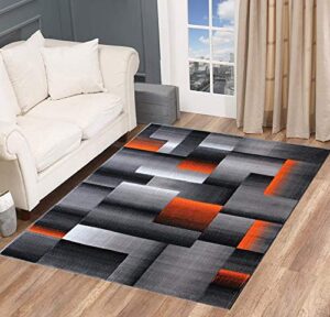 modern geometric abstract boxes squares orange grey black carpet bedroom living room contemporary dining accent (5’ 3” x 7’ 5”)