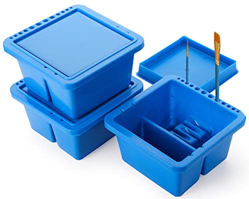 Yesland 3 Pack Artist Brush Basin, 12 Hole Blue Multi-Function Plastic Brush Washer with Lid and Brush Holder, 6.3 x 6.3 x 3.5 Inches Three Compartment Brush Tub for Acrylic and Watercolor Painting