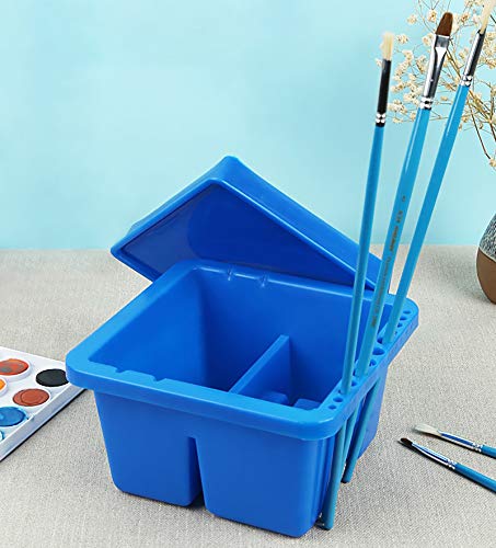 Yesland 3 Pack Artist Brush Basin, 12 Hole Blue Multi-Function Plastic Brush Washer with Lid and Brush Holder, 6.3 x 6.3 x 3.5 Inches Three Compartment Brush Tub for Acrylic and Watercolor Painting