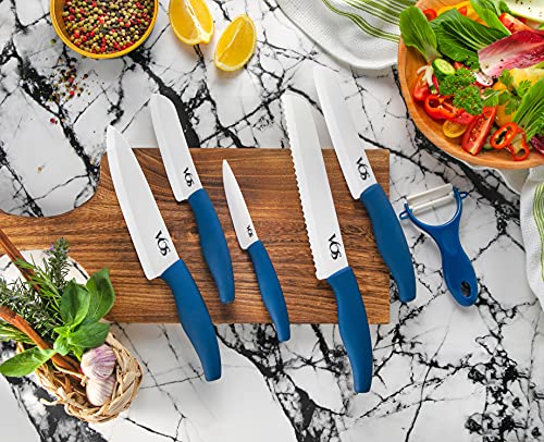 Vos Ceramic Knife Set, Ceramic Knives Set For Kitchen, Ceramic Kitchen Knives With Peeler, Ceramic Paring Knife 4", 5", 6", 7", 8" Inch Blue