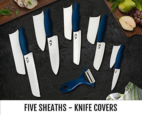 Vos Ceramic Knife Set, Ceramic Knives Set For Kitchen, Ceramic Kitchen Knives With Peeler, Ceramic Paring Knife 4", 5", 6", 7", 8" Inch Blue