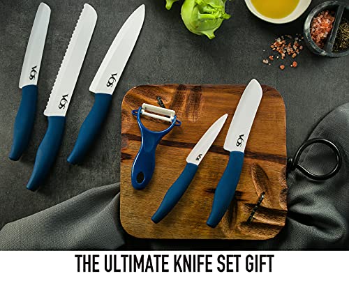 Vos Ceramic Knife Set, Ceramic Knives Set For Kitchen, Ceramic Kitchen Knives With Peeler, Ceramic Paring Knife 4", 5", 6", 7", 8" Inch Blue