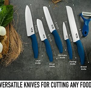 Vos Ceramic Knife Set, Ceramic Knives Set For Kitchen, Ceramic Kitchen Knives With Peeler, Ceramic Paring Knife 4", 5", 6", 7", 8" Inch Blue