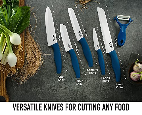 Vos Ceramic Knife Set, Ceramic Knives Set For Kitchen, Ceramic Kitchen Knives With Peeler, Ceramic Paring Knife 4", 5", 6", 7", 8" Inch Blue