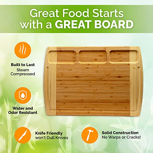 Greener Chef Organic Bamboo Cutting Board for Kitchen with Built-In Compartments and Juice Groove - Wooden Chopping Board for Meat, Cheese Charcuterie Board with Handles, (Medium and XL)