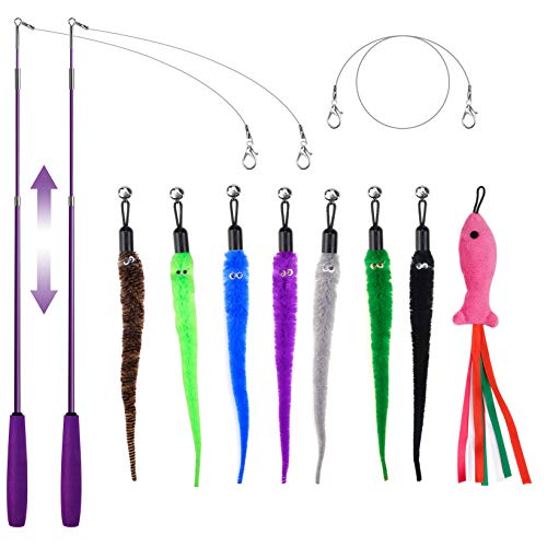 11 Pack Cat Toys Interactive Cat Feather Toys, 2 Retractable Cat Toy Wand, Variety 7 Worms and 1 Catnip Fish Teaser Refills with Bells, Kitten Toys Assortments Fun for Indoor Cats, 1 Replacement Line