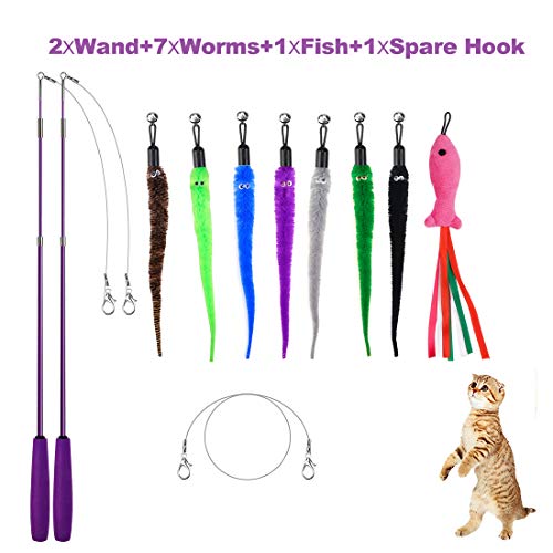 11 Pack Cat Toys Interactive Cat Feather Toys, 2 Retractable Cat Toy Wand, Variety 7 Worms and 1 Catnip Fish Teaser Refills with Bells, Kitten Toys Assortments Fun for Indoor Cats, 1 Replacement Line