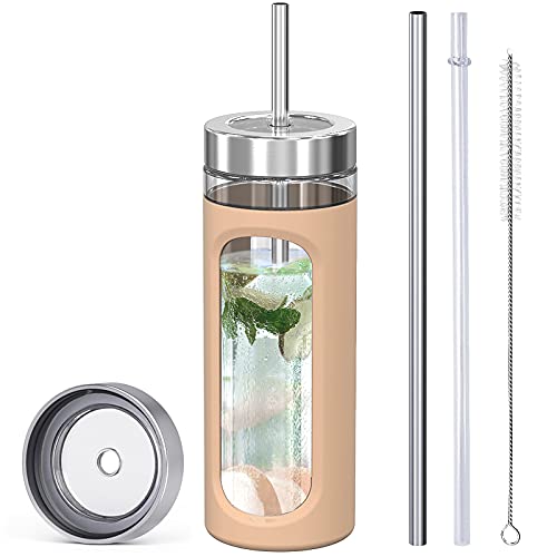 Kodrine Glass tumbler with straw and lid 20oz Glass Smoothie Cup with Silicone Protective Sleeve PBA FREE (Amber, Hollow Silicone Sleeve+Reusable Metal Straw)