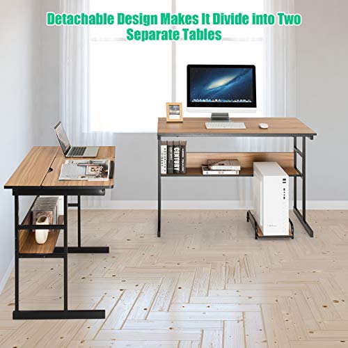 Tangkula L-Shaped Drafting Desk, Corner Computer Desk with Bottom Bookshelves & CPU Stand, Drafting Drawing Table with Tiltable Desktop, Computer Workstation Home Office Desk