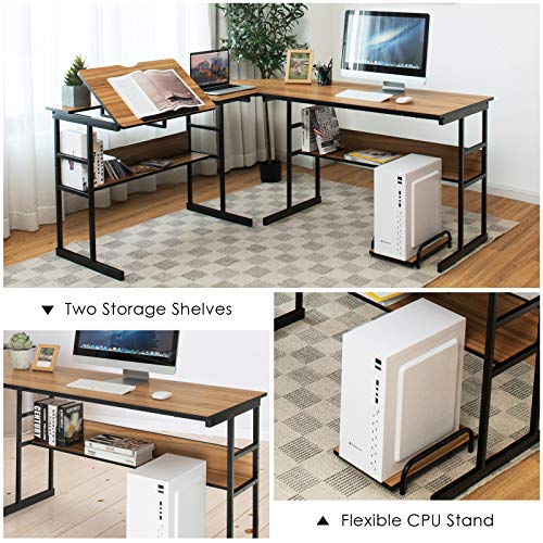 Tangkula L-Shaped Drafting Desk, Corner Computer Desk with Bottom Bookshelves & CPU Stand, Drafting Drawing Table with Tiltable Desktop, Computer Workstation Home Office Desk