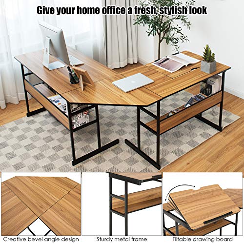 Tangkula L-Shaped Drafting Desk, Corner Computer Desk with Bottom Bookshelves & CPU Stand, Drafting Drawing Table with Tiltable Desktop, Computer Workstation Home Office Desk