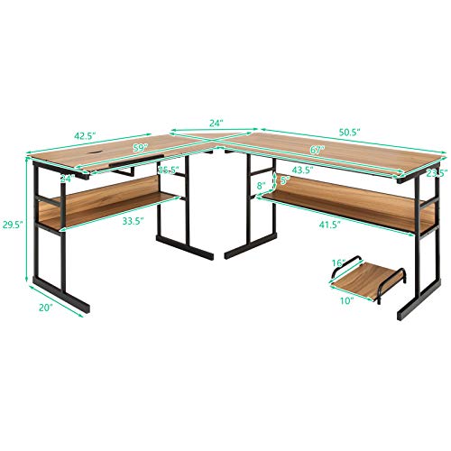 Tangkula L-Shaped Drafting Desk, Corner Computer Desk with Bottom Bookshelves & CPU Stand, Drafting Drawing Table with Tiltable Desktop, Computer Workstation Home Office Desk