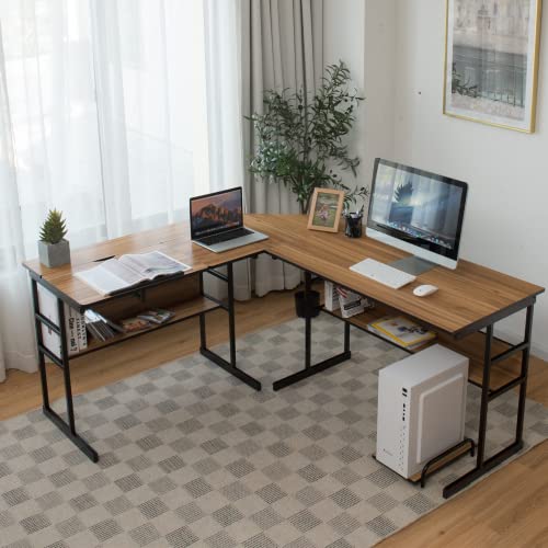 Tangkula L-Shaped Drafting Desk, Corner Computer Desk with Bottom Bookshelves & CPU Stand, Drafting Drawing Table with Tiltable Desktop, Computer Workstation Home Office Desk