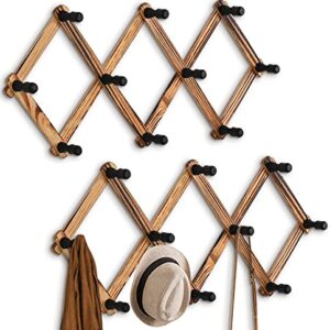 WGFKVAS 2 Pack Expandable Coat Rack, Accordion Wall Hangers, Wooden Hat Rack Wall Mounted, Hat Hooks for Keys, Hat, Coffee Mug, Coats, 10 Peg Hooks