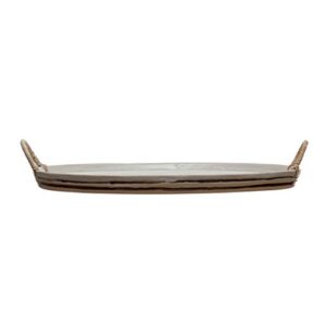 creative co-op stoneware platter with rattan wrapped handles, reactive glaze, white & brown (each one will vary) tray