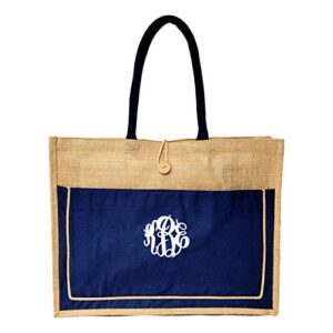 vintage style jute with cotton pocket reusable large tote grocery shopping bag - custom personalization available (navy - embroidered monogram)