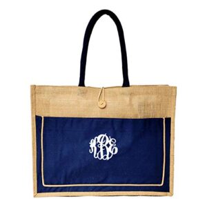 Vintage Style Jute with Cotton Pocket Reusable Large Tote Grocery Shopping Bag - Custom Personalization Available (Navy - Embroidered Monogram)