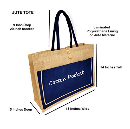 Vintage Style Jute with Cotton Pocket Reusable Large Tote Grocery Shopping Bag - Custom Personalization Available (Navy - Embroidered Monogram)