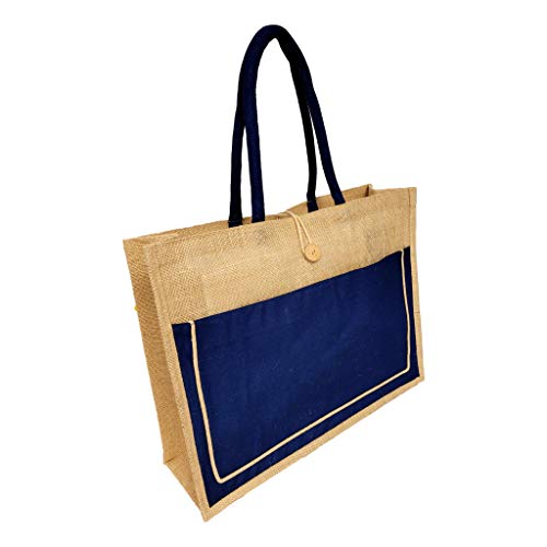 Vintage Style Jute with Cotton Pocket Reusable Large Tote Grocery Shopping Bag - Custom Personalization Available (Navy - Embroidered Monogram)