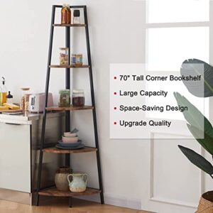 OIAHOMY Corner Shelf 70 Inch Tall Bookcase 5- Tier Industrial Corner Bookshelf Corner Ladder Shelf Small Bookshelf Rustic Plant Stand Rack Freestanding -Rustic Brown