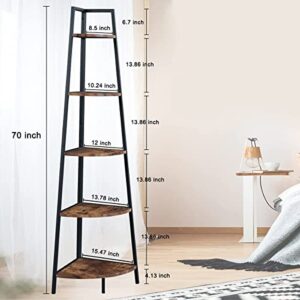 OIAHOMY Corner Shelf 70 Inch Tall Bookcase 5- Tier Industrial Corner Bookshelf Corner Ladder Shelf Small Bookshelf Rustic Plant Stand Rack Freestanding -Rustic Brown