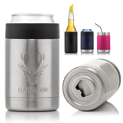 STUBiBudi Beer Can Cooler 12 oz Beer Bottle Insulator Beer Bottle Opener, 3 in 1 Universal Can Coozie Insulated Coozie for Cans and Bottles 4 in 1 Can Holder Beer Gifts Men Dad Birthday - Steel