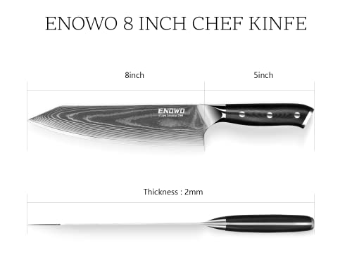 enowo Damascus Chef Knife 8 Inch, Japanese VG-10 Stainless Steel with Premium G10 Handle&Triple Rivet, Razor Sharp Kitchen Knife,Gift Box,Ergonomic,Superb Edge Retention, Stain & Corrosion Resistant