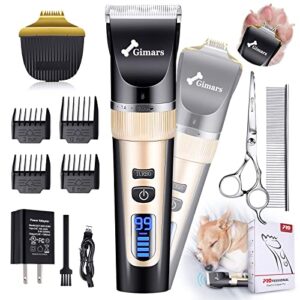 gimars 2 in 1 ceramic blade dog grooming clippers with small trimmer, 3-speed high power quiet rechargeable dog shaver hair clippers kit with comb & scissors usb cordless electric for dog, cat, pet