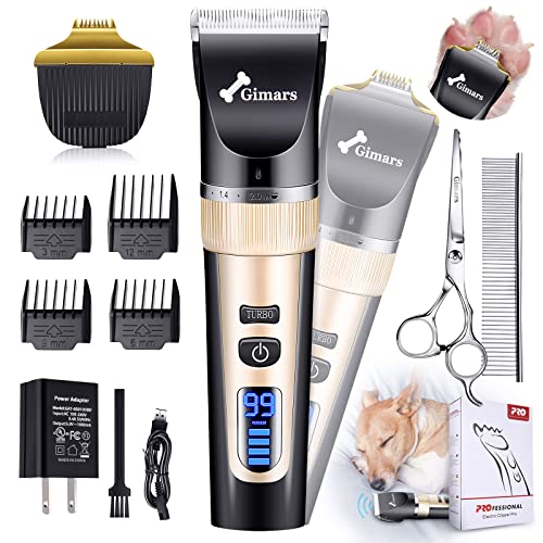 Gimars 2 in 1 Ceramic Blade Dog Grooming Clippers with Small Trimmer, 3-Speed High Power Quiet Rechargeable Dog Shaver Hair Clippers Kit with Comb & Scissors USB Cordless Electric for Dog, Cat, Pet