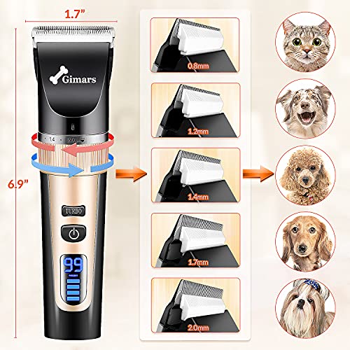 Gimars 2 in 1 Ceramic Blade Dog Grooming Clippers with Small Trimmer, 3-Speed High Power Quiet Rechargeable Dog Shaver Hair Clippers Kit with Comb & Scissors USB Cordless Electric for Dog, Cat, Pet