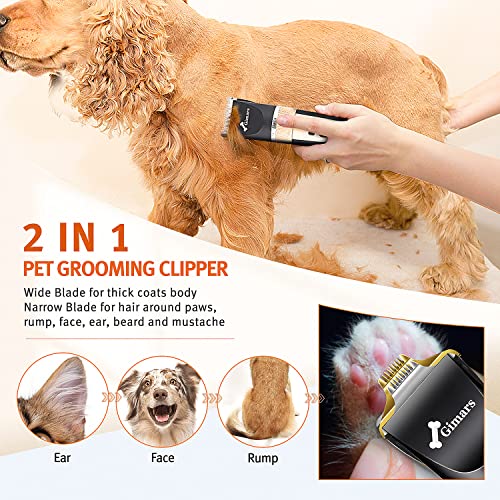 Gimars 2 in 1 Ceramic Blade Dog Grooming Clippers with Small Trimmer, 3-Speed High Power Quiet Rechargeable Dog Shaver Hair Clippers Kit with Comb & Scissors USB Cordless Electric for Dog, Cat, Pet