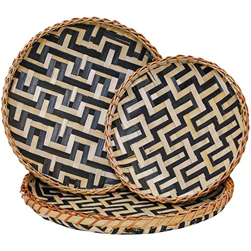 Bamboo Woven Wall Baskets Decor Boho Flat Set 3 Shallow Basket for Organizing Kitchen Wicker Tray for Coffee Table Trays Decorative Plates for Wall Hanging Farmhouse Wicker Serving Tray