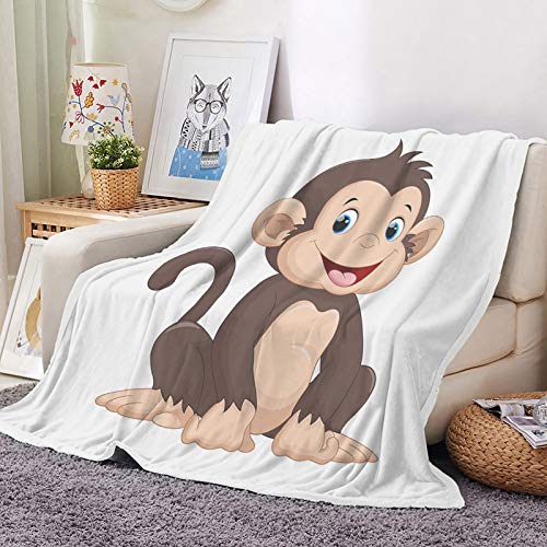 Throw Blanket Monkey Cozy Comfy Flannel Soft Fuzzy Plush Blanket Cute Brown Smiling Monkey Cartoon 50x60 Inch Luxury Flannel Lap Blanket Women Adult Rest Read Learn Play