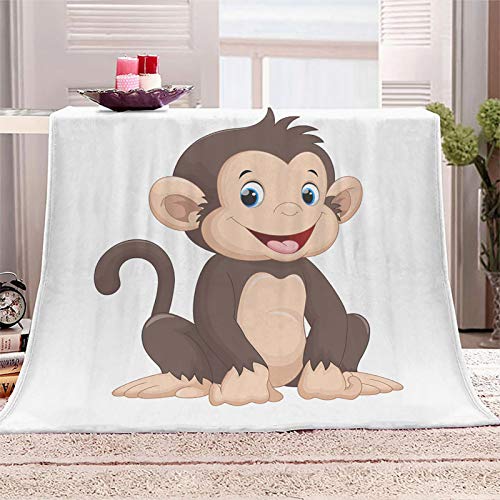 Throw Blanket Monkey Cozy Comfy Flannel Soft Fuzzy Plush Blanket Cute Brown Smiling Monkey Cartoon 50x60 Inch Luxury Flannel Lap Blanket Women Adult Rest Read Learn Play