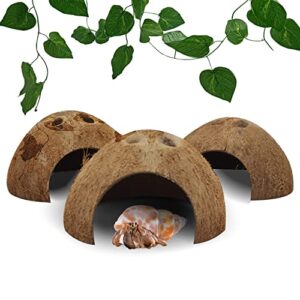 hamiledyi reptile hideouts natural coconut shells hut small animal hide cave hermit crab climbing toys lizard habitat decor plant leaves decoration for gecko spider snake chameleon (4pcs)