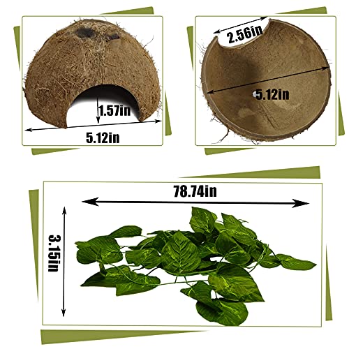 Hamiledyi Reptile Hideouts Natural Coconut Shells Hut Small Animal Hide Cave Hermit Crab Climbing Toys Lizard Habitat Decor Plant Leaves Decoration for Gecko Spider Snake Chameleon (4Pcs)