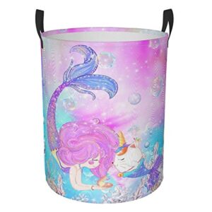 kiuloam girls mermaid and narwhal laundry baskets, bedroom hamper collapsible waterproof oxford fabric with handle foldable cloth washing bin tote bag (16.5 inches)