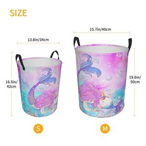 KiuLoam Girls Mermaid and Narwhal Laundry Baskets, Bedroom Hamper Collapsible Waterproof Oxford Fabric with Handle Foldable Cloth Washing Bin Tote Bag (16.5 Inches)