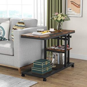 Tribesigns Height Adjustable C Table with Wheels, Mobile Couch Snack Side Table with Tiltable Drawing Board, Sofa Bedside Laptop Stand C Shaped TV Tray with Storage Shelves (Brown)