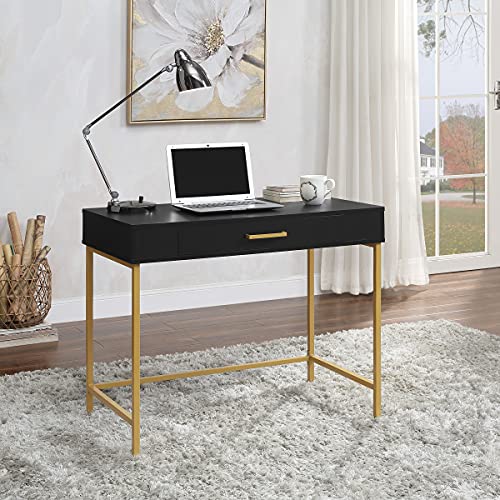 OSP Home Furnishings Modern Life Contemporary Writing Desk with Large Drawer and Gold Metal Legs, Black Finish