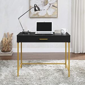 OSP Home Furnishings Modern Life Contemporary Writing Desk with Large Drawer and Gold Metal Legs, Black Finish