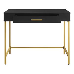 OSP Home Furnishings Modern Life Contemporary Writing Desk with Large Drawer and Gold Metal Legs, Black Finish