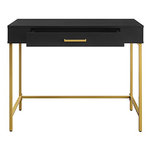 OSP Home Furnishings Modern Life Contemporary Writing Desk with Large Drawer and Gold Metal Legs, Black Finish