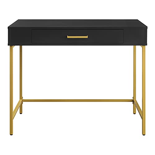 OSP Home Furnishings Modern Life Contemporary Writing Desk with Large Drawer and Gold Metal Legs, Black Finish