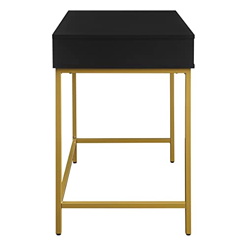 OSP Home Furnishings Modern Life Contemporary Writing Desk with Large Drawer and Gold Metal Legs, Black Finish