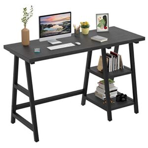 foxemart trestle computer desk 47 inch study writing home office desk with storage shelves, 2-tier 47” modern sturdy pc laptop gaming desk, multifunctional wooden work table, black